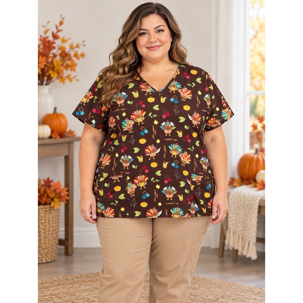 SB Scrubs Womens 2X Thanksgiving Turkey Print V-Neck Scrub Top Cotton Pockets